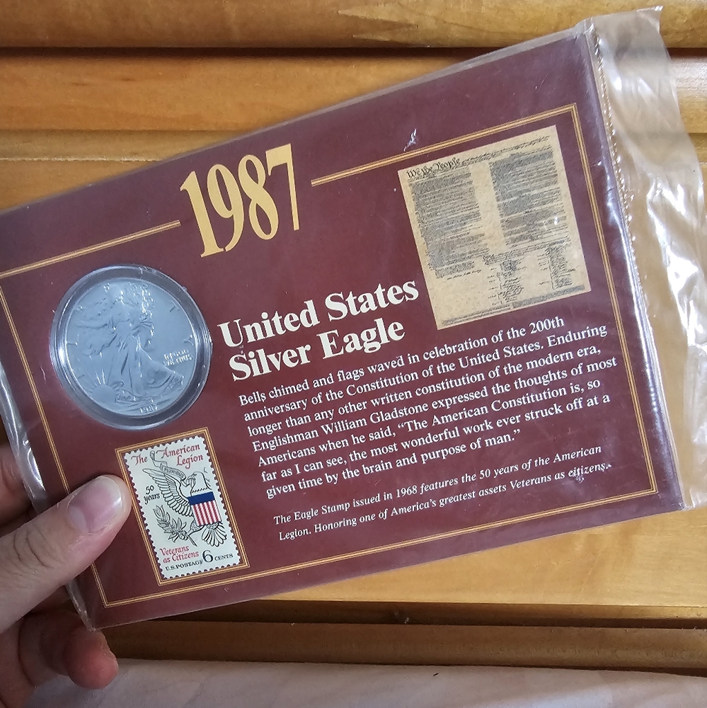1987 American Silver Eagle with Information Card and American Legion  Stamp
